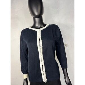 Crystal Kobe Women's Cardigan XL‎ Black White Fringe Trim Career Casual